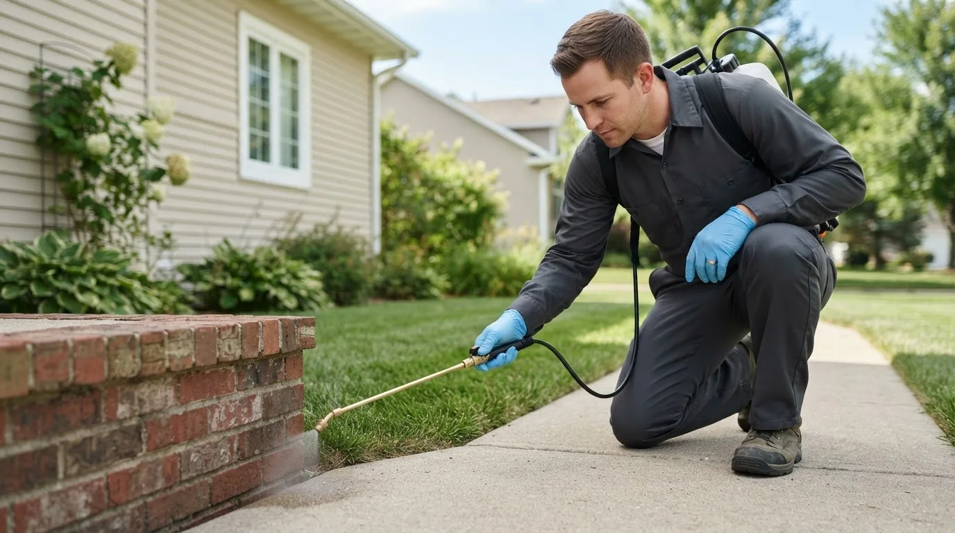 Pest control technician treating a home near London Mills, IL