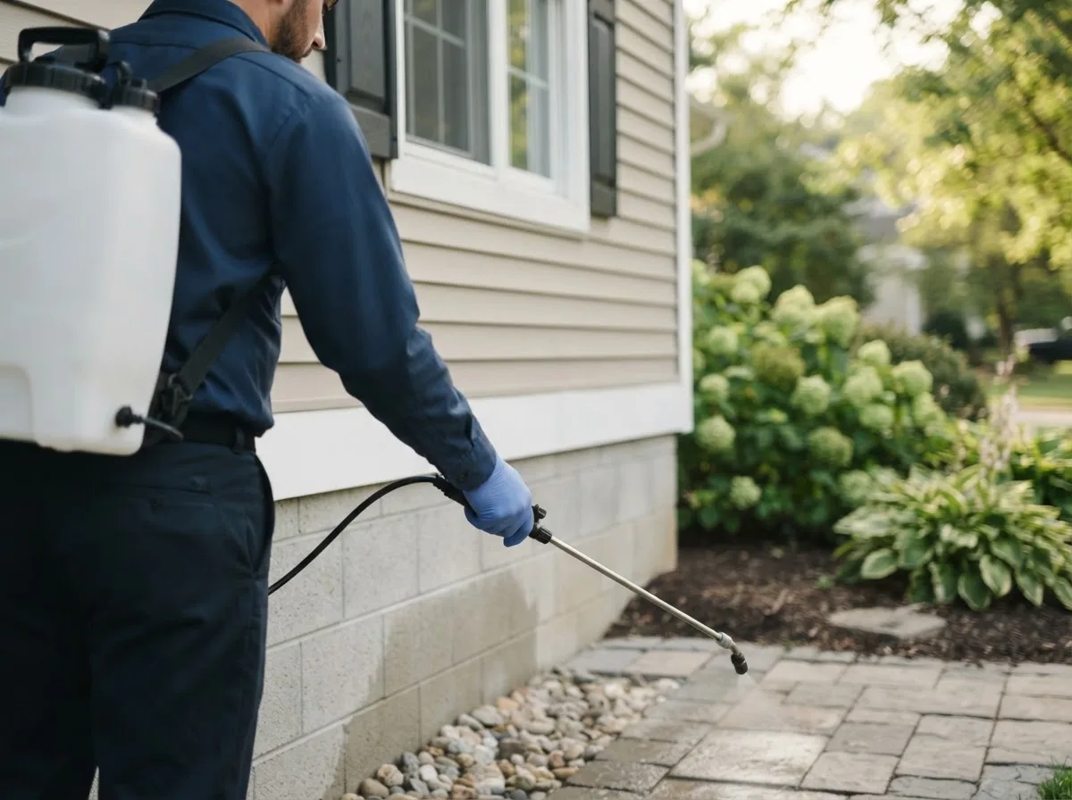 Pest control technician inspecting a home in London Mills, IL